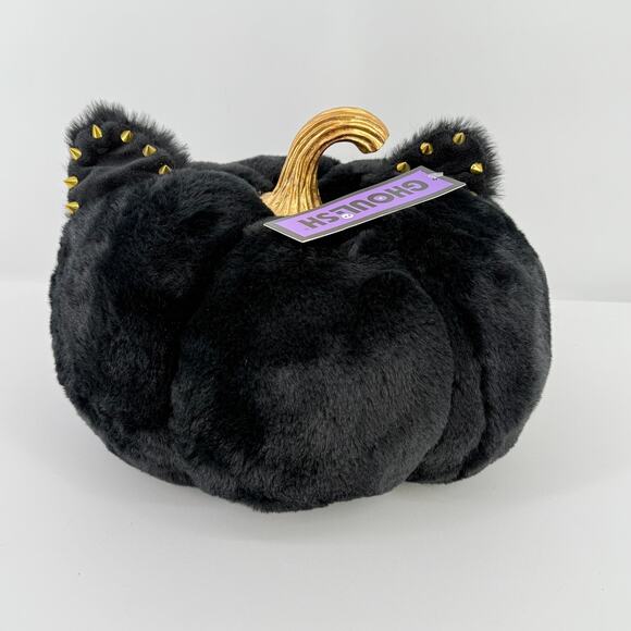 Halloween Faux Fur Black Gold Studs Cat Ears Plush Pumpkin 11" Thanksgiving Goth - Picture 1 of 6